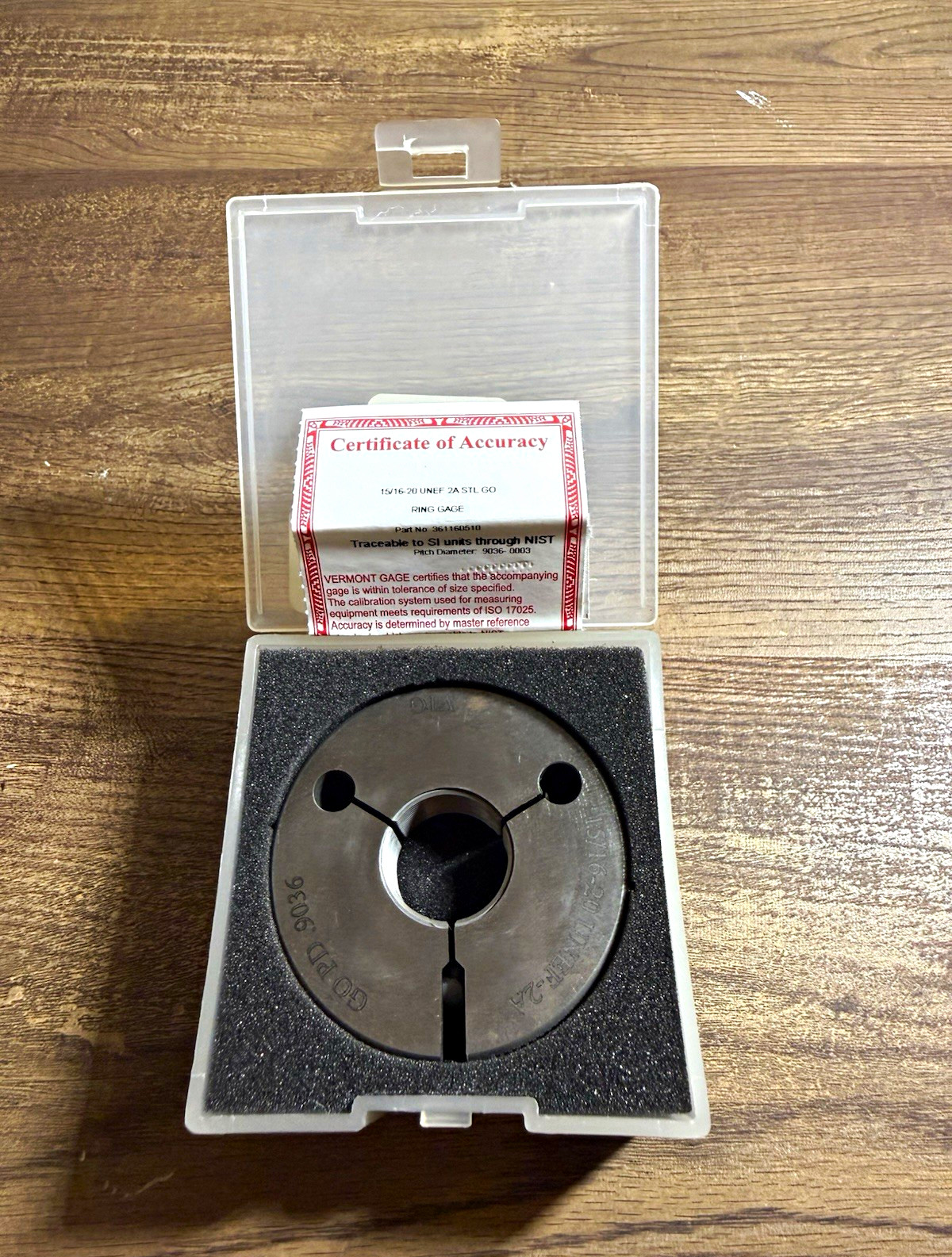 Vermont Gage 15/16-20 UNEF-2A GO Thread Ring Gage MPN 3611605/0 Vermont Gage 15/16-20 UNEF-2A GO Thread Ring Gage MPN 3611605/0
