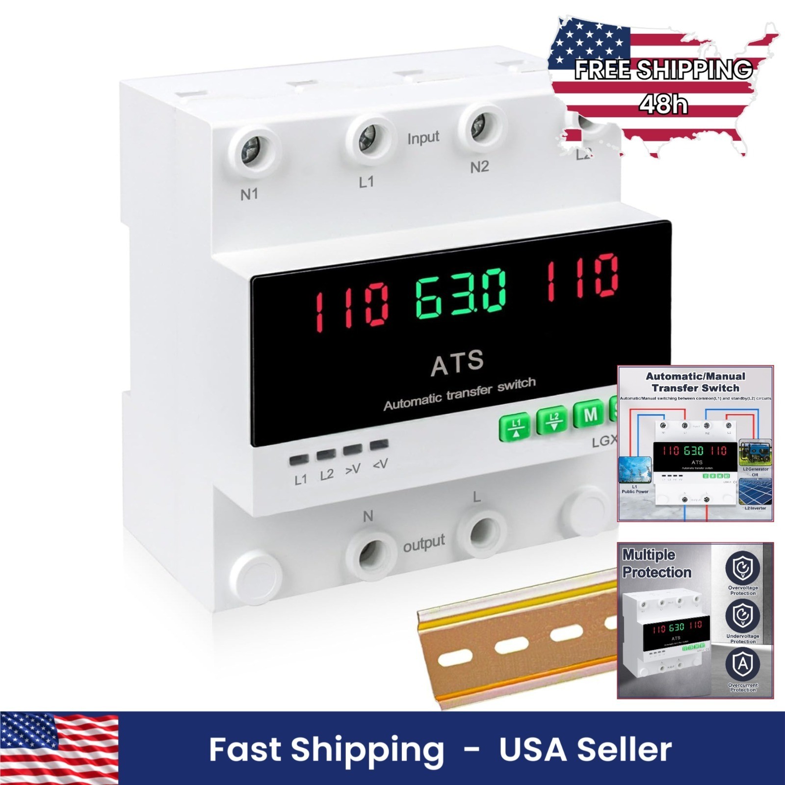 63A Automatic Manual Transfer Switch 110V DIN Rail Mount Generator Backup Power