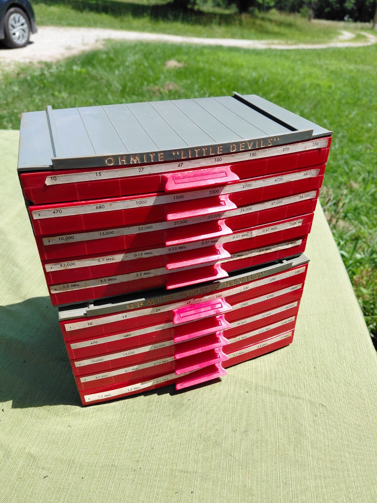 Pair of Vintage Ohmite “Little Devil” Stackable 5-Drawer Resistor Cabinets with 
