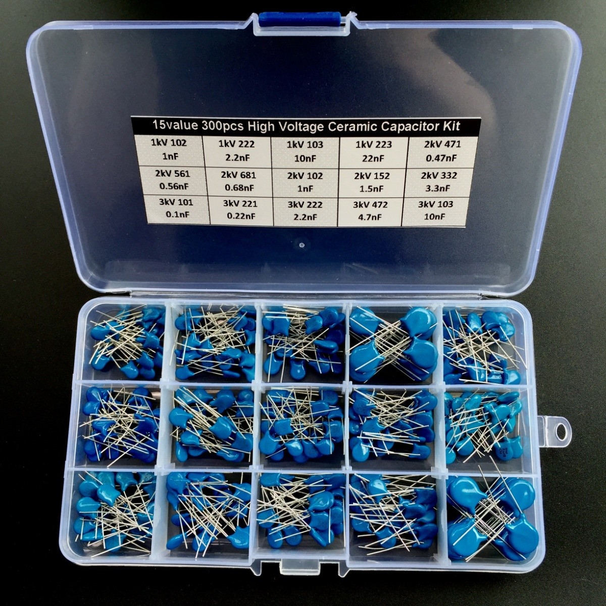 High Voltage Ceramic capacitor assorted Kit box15value X20pcs 1KV~3KV 0.1nF~22nF High Voltage Ceramic capacitor assorted Kit box15value X20pcs 1KV~3KV 0.1nF~22nF