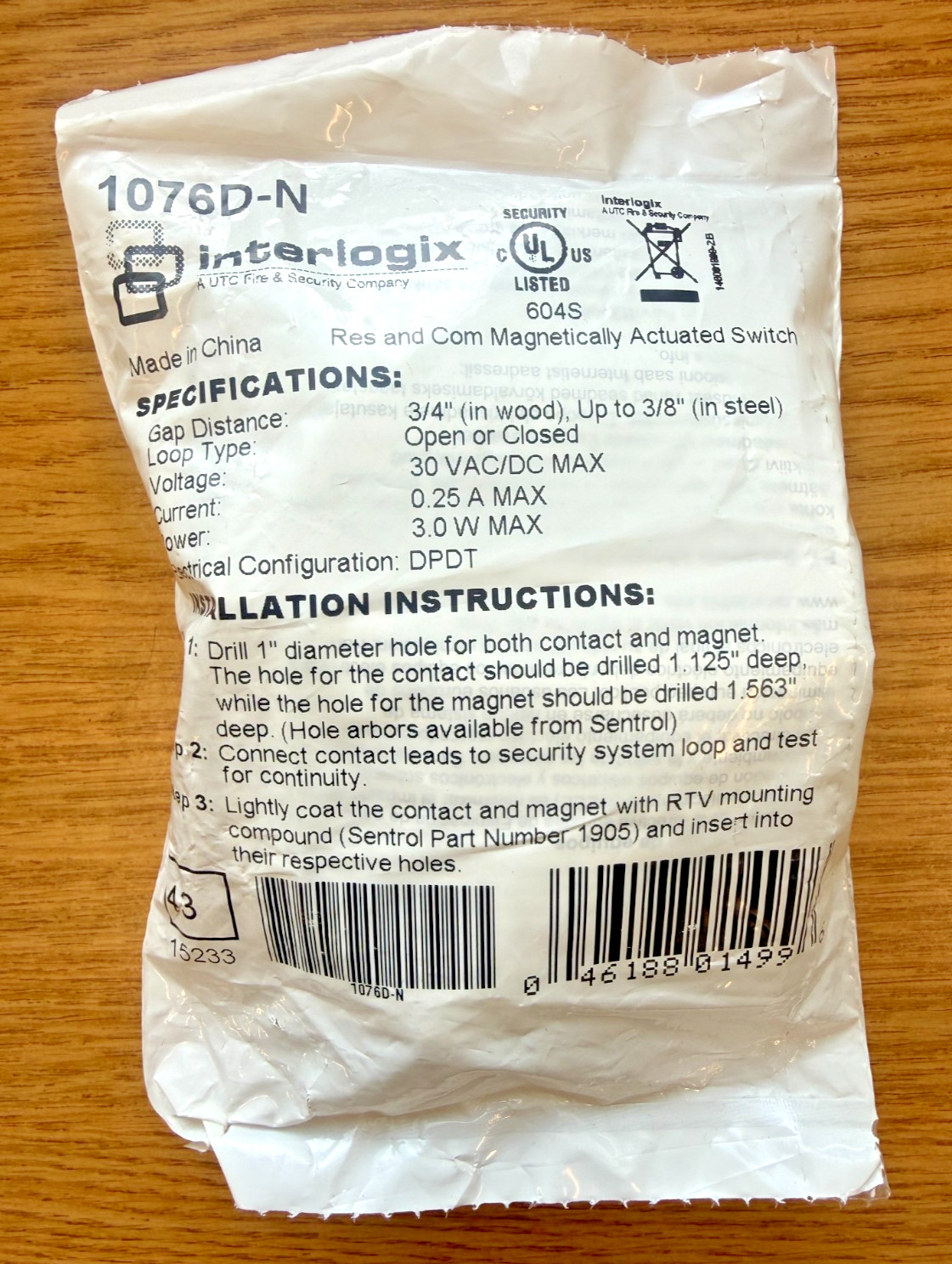 INTERLOGIX UTC FIRE & SECURITY 1076D-N Magnetic Door Contact INTERLOGIX UTC FIRE & SECURITY 1076D-N Magnetic Door Contact