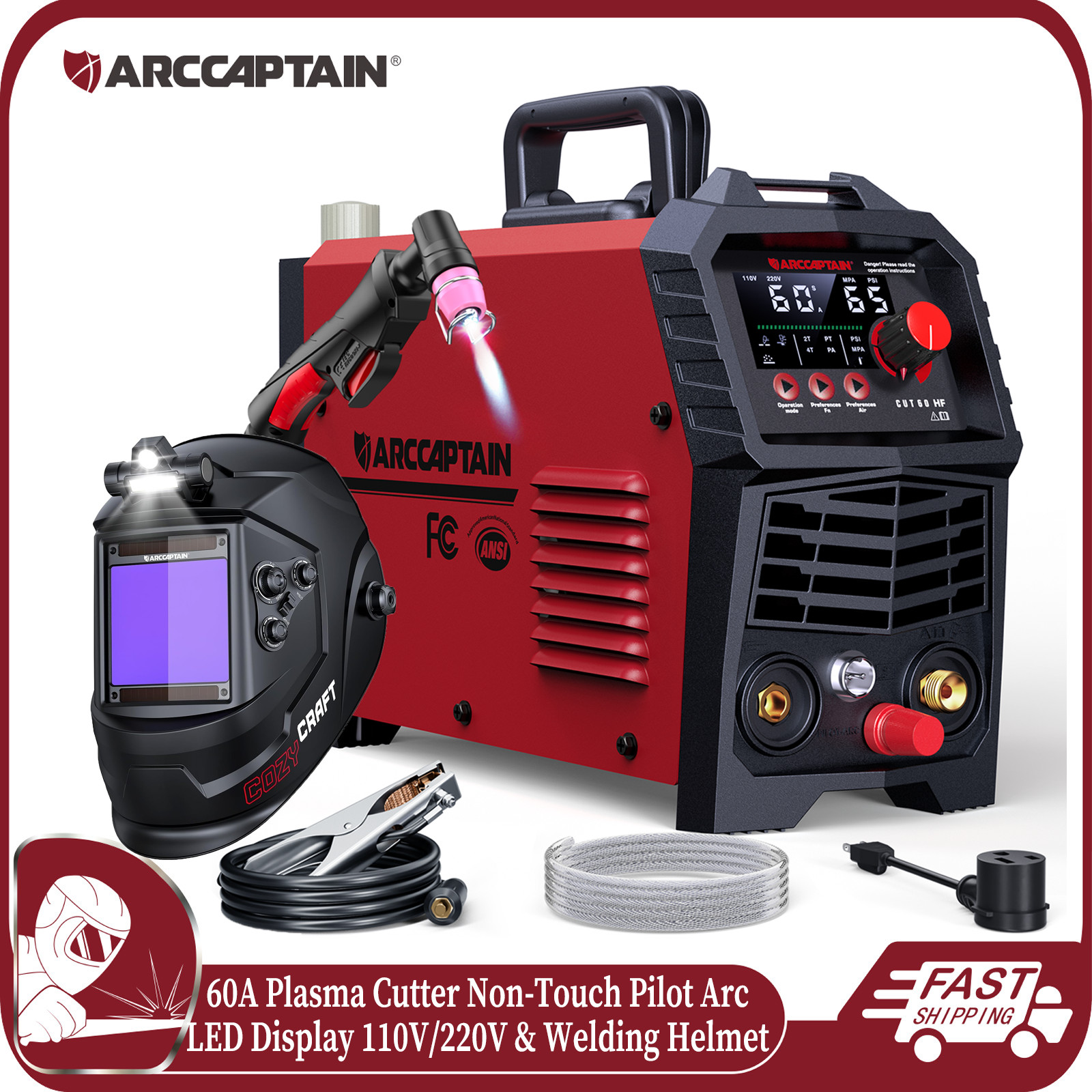 ARCCAPTAIN 60A Plasma Cutter Non-Touch Pilot Arc HF Large LED Display 110V/220V ARCCAPTAIN 60A Plasma Cutter Non-Touch Pilot Arc HF Large LED Display 110V/220V