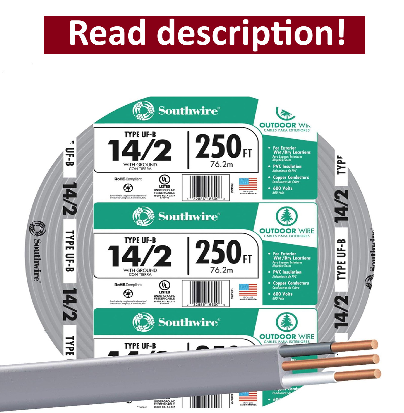 Southwire 250 Ft. 14/2 Gray Solid CU UF-B W/G Wire