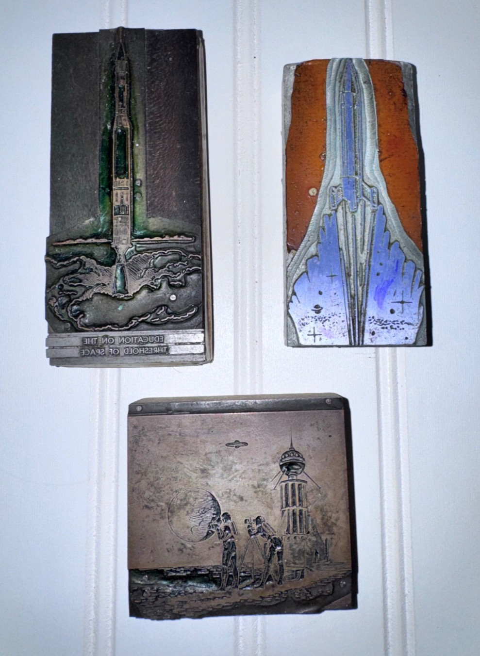 Vintage 1960s Apollo Saturn V Letterpress Block Printing Plate Set Sci-Fi UFO