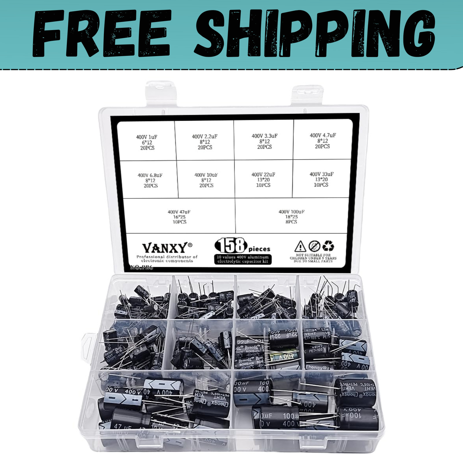 400V 10Values Electrolytic Capacitor Assortment 158Pcs Kit 1Uf to 100Uf...... 400V 10Values Electrolytic Capacitor Assortment 158Pcs Kit 1Uf to 100Uf......
