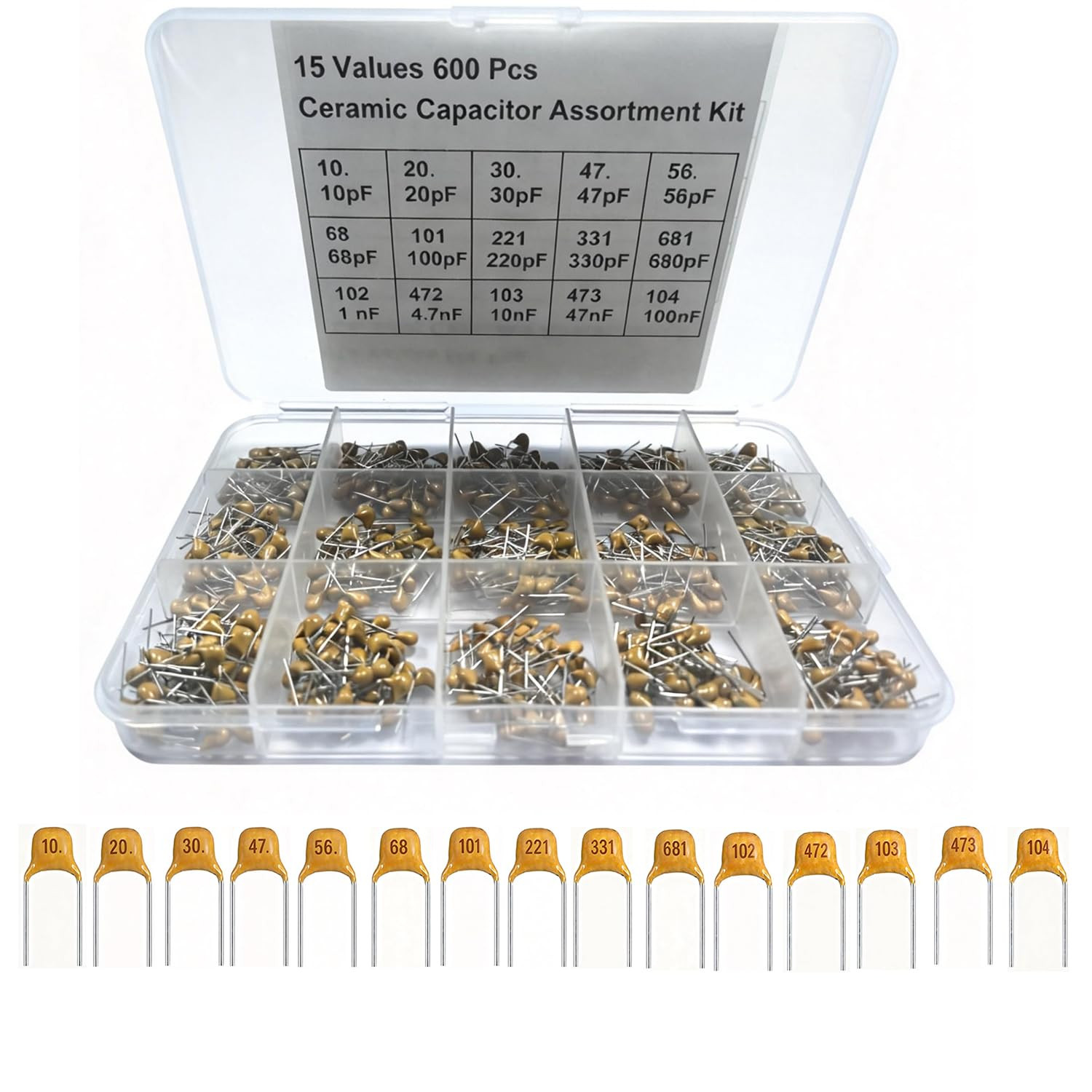 600 Pcs Ceramic Capacitor Assortment Kit - 15 Values from 10Pf to 100Nf 600 Pcs Ceramic Capacitor Assortment Kit - 15 Values from 10Pf to 100Nf