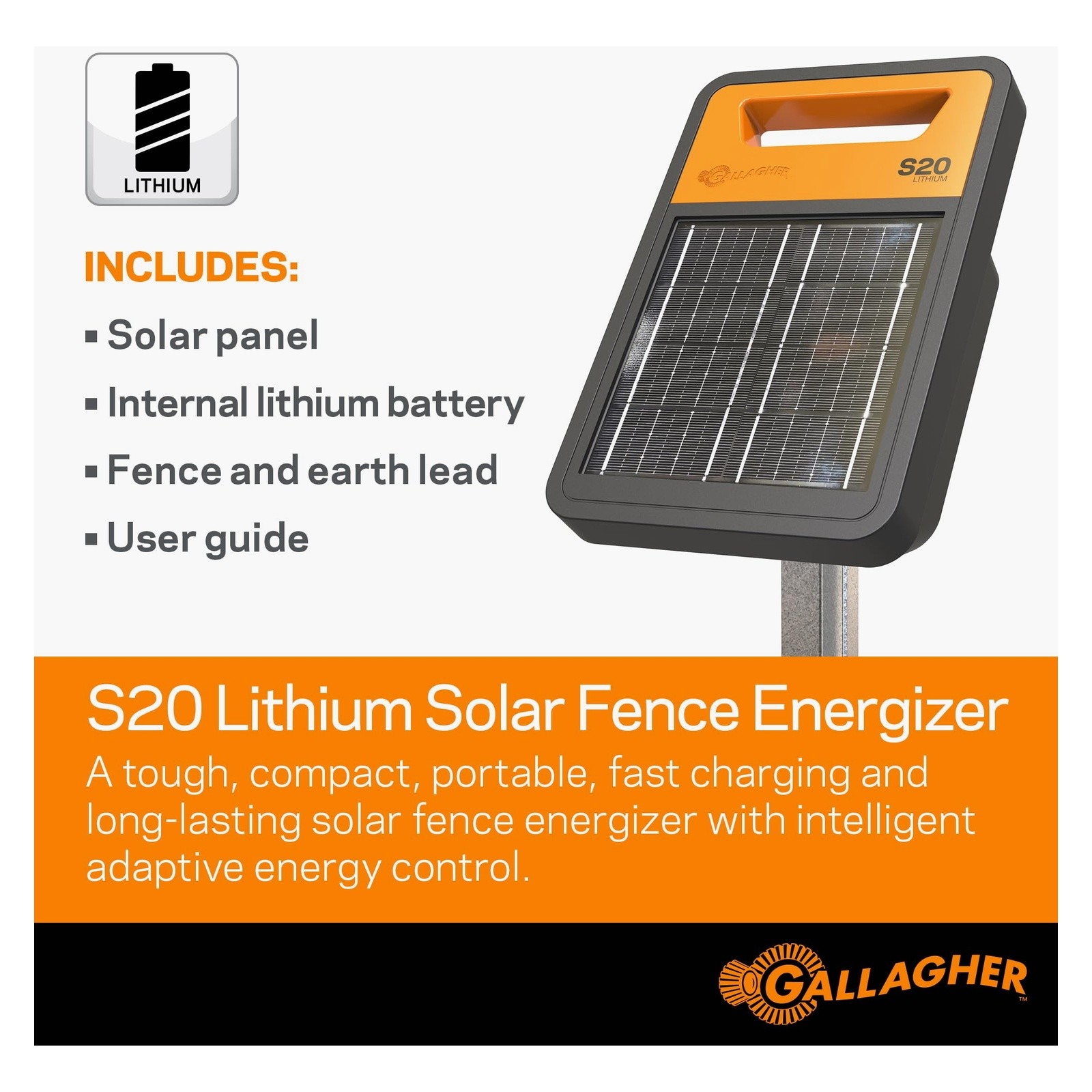 Gallagher S20 Solar Fence Charger 0.2J Lithium Battery 2 Miles Gallagher S20 Solar Fence Charger 0.2J Lithium Battery 2 Miles