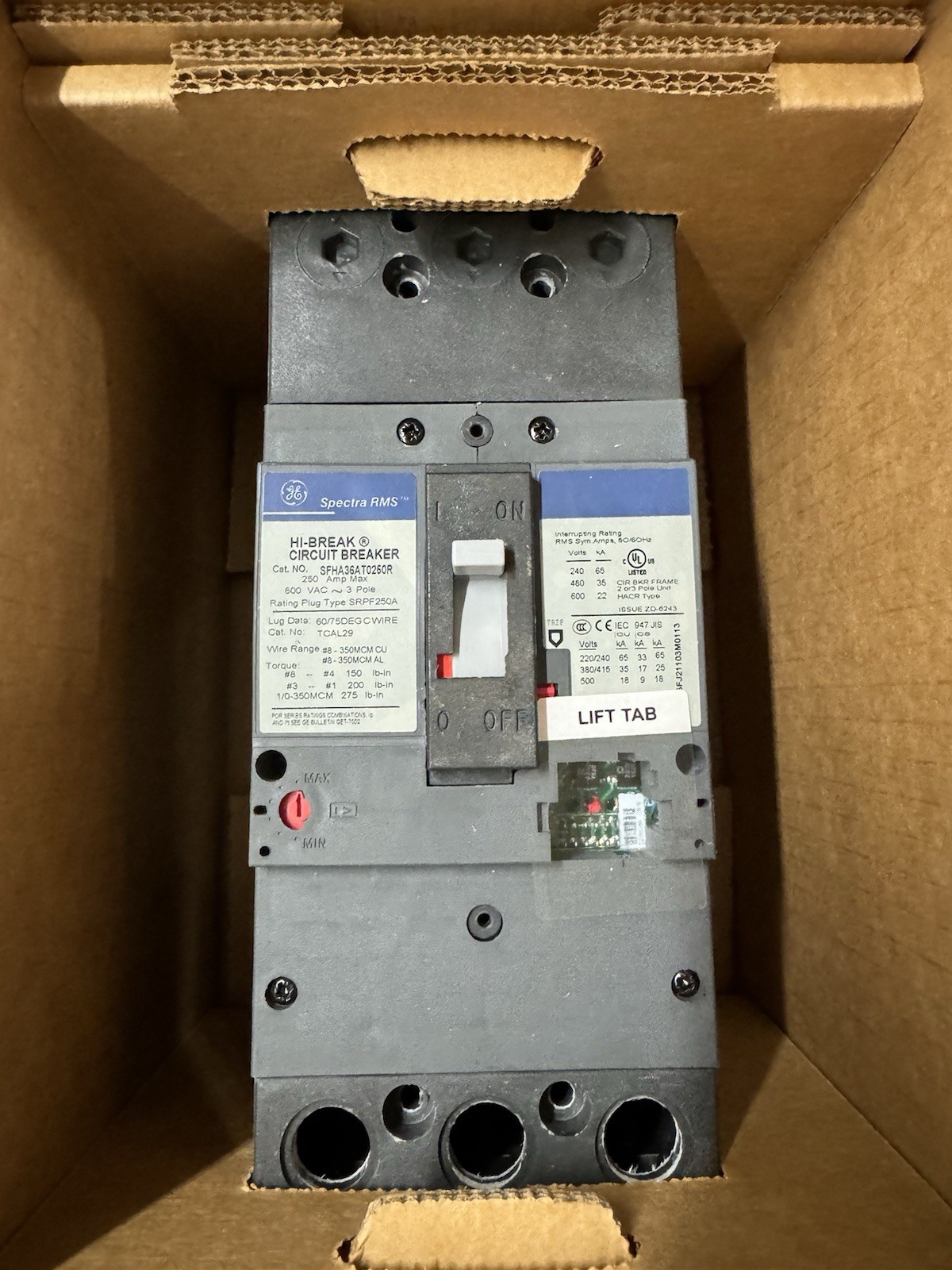 SFHA36AT0250 GE 250 Amp Frame 600V 3 Pole Bolt On Circuit Breaker New in Box SFHA36AT0250 GE 250 Amp Frame 600V 3 Pole Bolt On Circuit Breaker New in Box