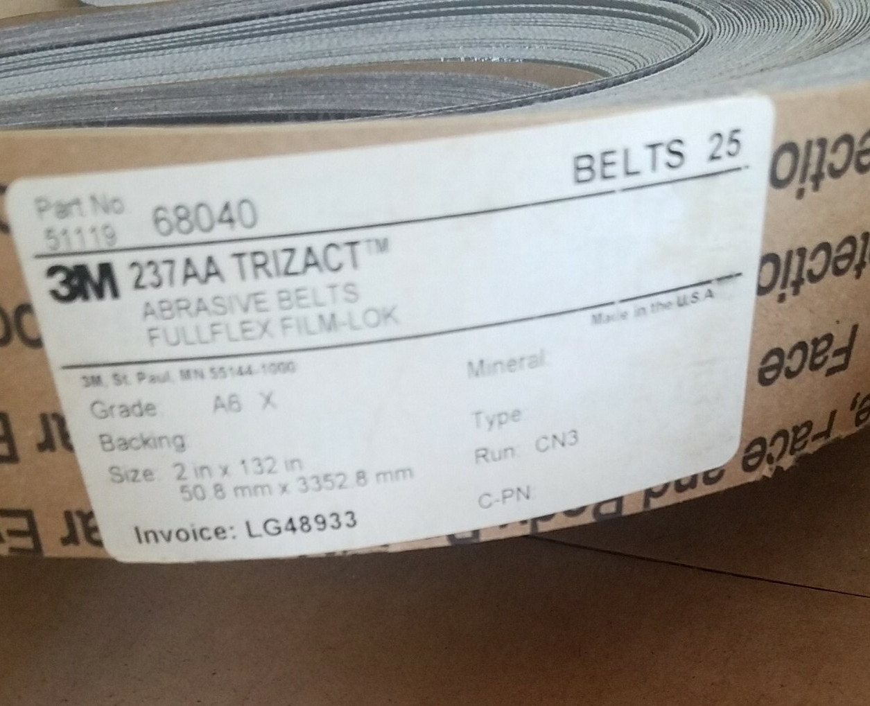 3M 237AA Abrasive belts Fullflex film-lok 2 in X 132 in Trizact Cloth 25qty 3M 237AA Abrasive belts Fullflex film-lok 2 in X 132 in Trizact Cloth 25qty