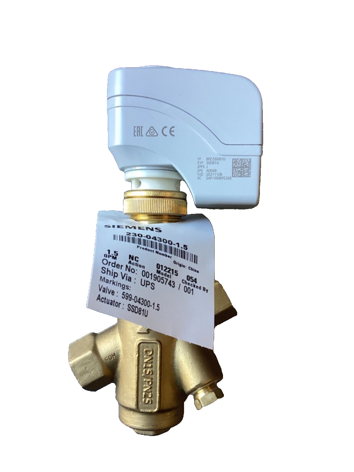 Siemens 230-04300-1.5 Actuator & Valve   599-04300-1.5, SSD81U, 599 Series PICV