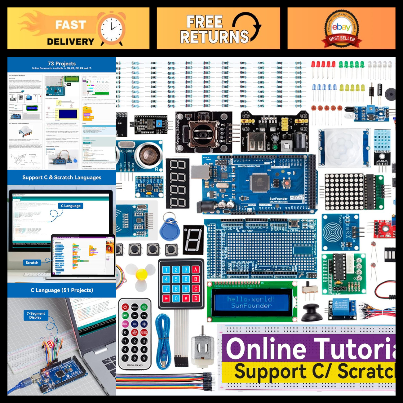 Complete Electronics Starter Kit for Arduino Mega 2560 & Nano - 73 Tutorials Inc