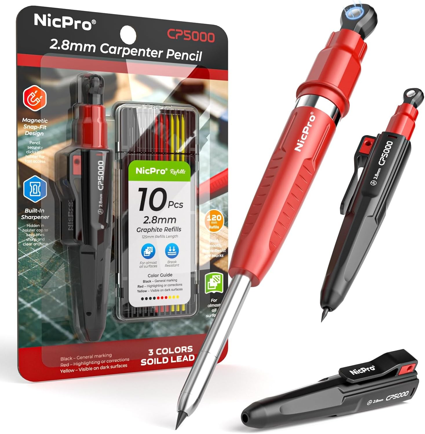 7-in-1 CP5000 Magnetic Carpenter Pencils with Sharpener, Construction Mechanical