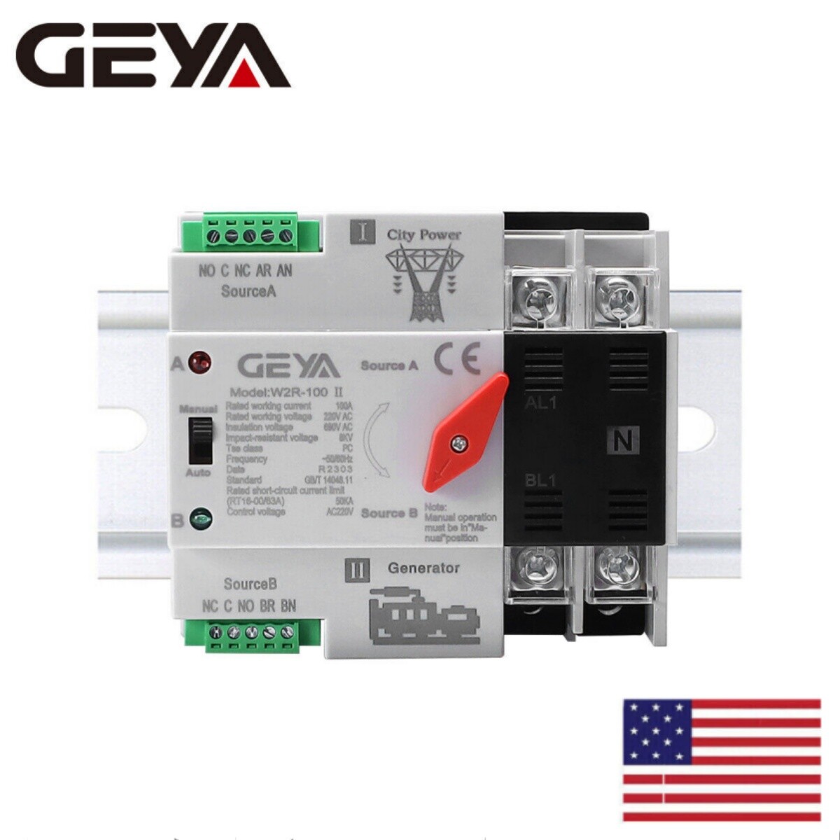 GEYA 2P 100A 220V Dual Power Automatic Transfer Switch Grid to Alternator50/60Hz GEYA 2P 100A 220V Dual Power Automatic Transfer Switch Grid to Alternator50/60Hz