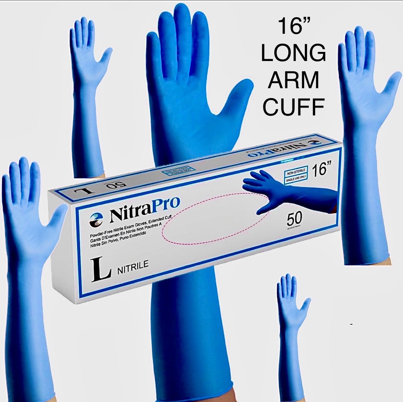 Disposable Gloves Large Long Cuff NitraPro Blue Nitrile(500COUNT/10 Boxes of 50) Disposable Gloves Large Long Cuff NitraPro Blue Nitrile(500COUNT/10 Boxes of 50)