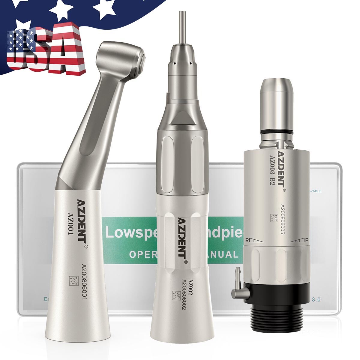 AZDENT Dental Slow Low Speed Handpiece Straight Contra Angle Air Motor 4/2Holes