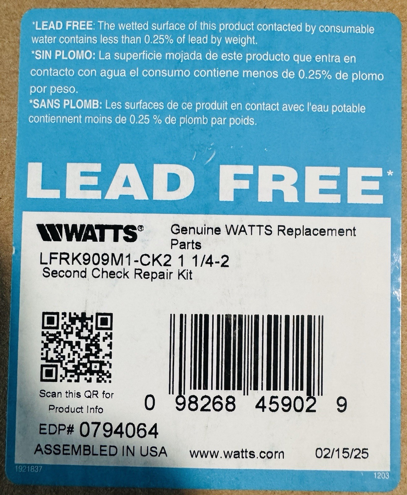 Watts 1-1/4”-2” 2nd Check Repair Kit LFRK909M1-CK2 #0794064 Watts 1-1/4”-2” 2nd Check Repair Kit LFRK909M1-CK2 #0794064