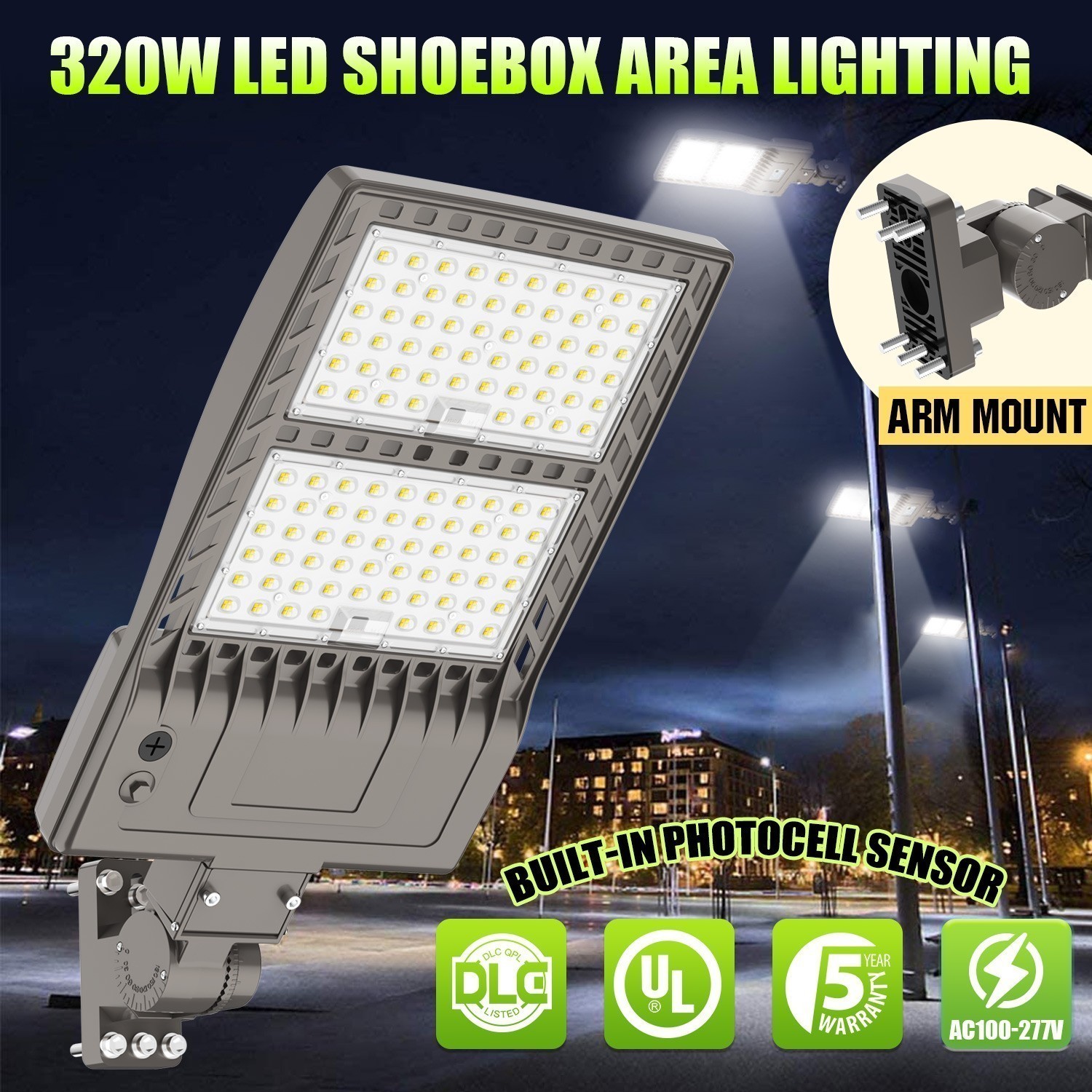320W LED Parking Lot Lights Outdoor 44800LM Commercial Warehouse IP65 Photocell