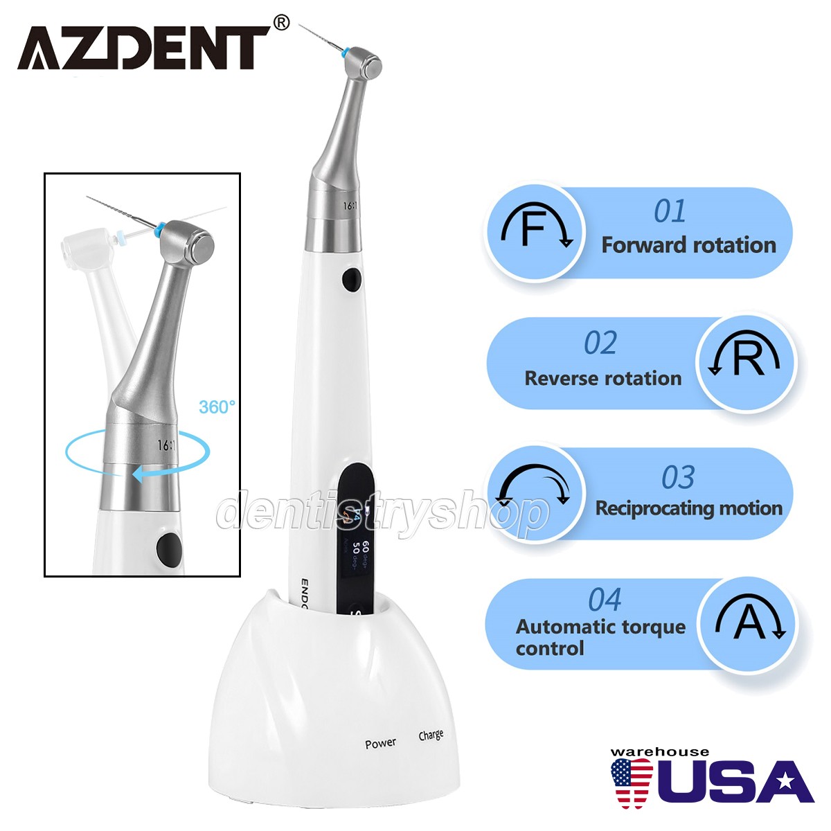 AZDENT Dental Wireless LED Endo Motor 16:1 Contra Angle with Apex Locator Set AZDENT Dental Wireless LED Endo Motor 16:1 Contra Angle with Apex Locator Set
