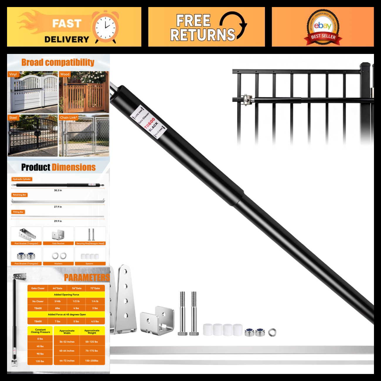 Heavy Duty Hydraulic Gate Closer 150-250 lb for 44-72 Heavy Duty Hydraulic Gate Closer 150-250 lb for 44-72