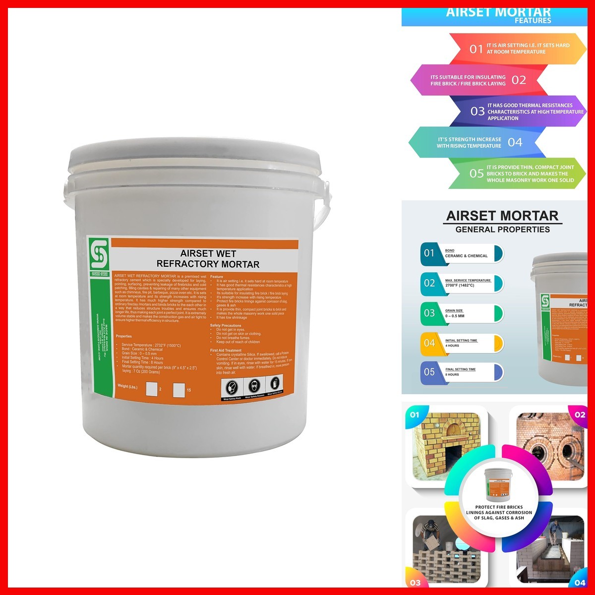 Simond Store Refractory Mortar 15 LBS 2700F Grey for Fireplace Stove Furnace