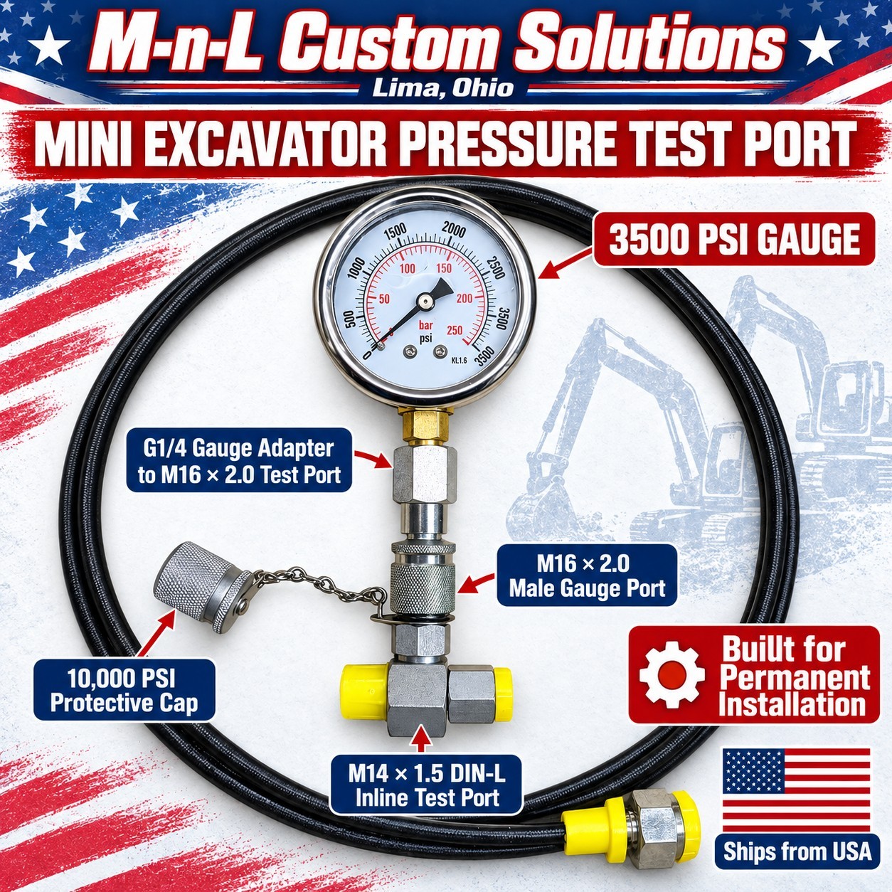 Chinese Mini Excavator Hydraulic Pressure Test Port Kit 3500 PSI Gauge, m14 Din Chinese Mini Excavator Hydraulic Pressure Test Port Kit 3500 PSI Gauge, m14 Din