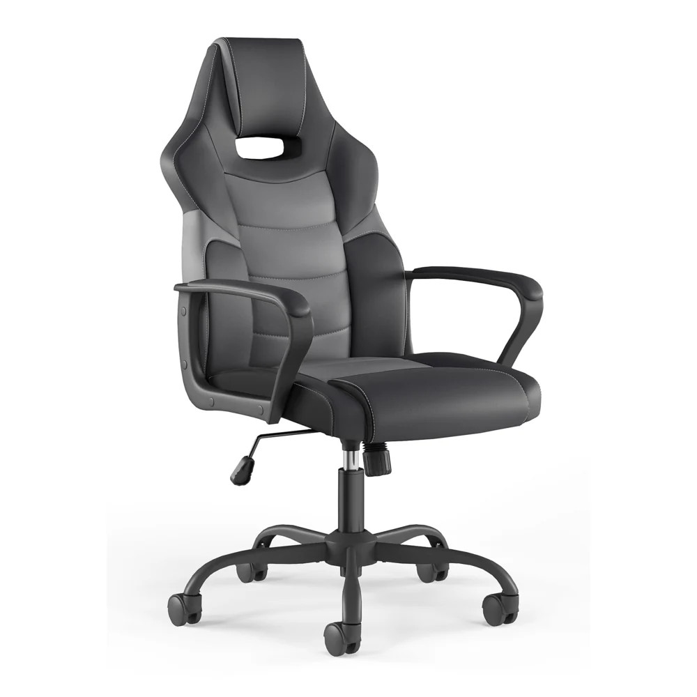 Staples Emerge Vector Luxura Faux Leather Gaming Chair New, Black & Gray Staples Emerge Vector Luxura Faux Leather Gaming Chair New, Black & Gray