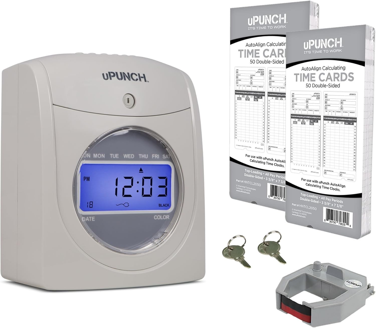 uPunch HN2500 Calculating Time Clock Bundle 100 Cards Ribbon Keys Small Business