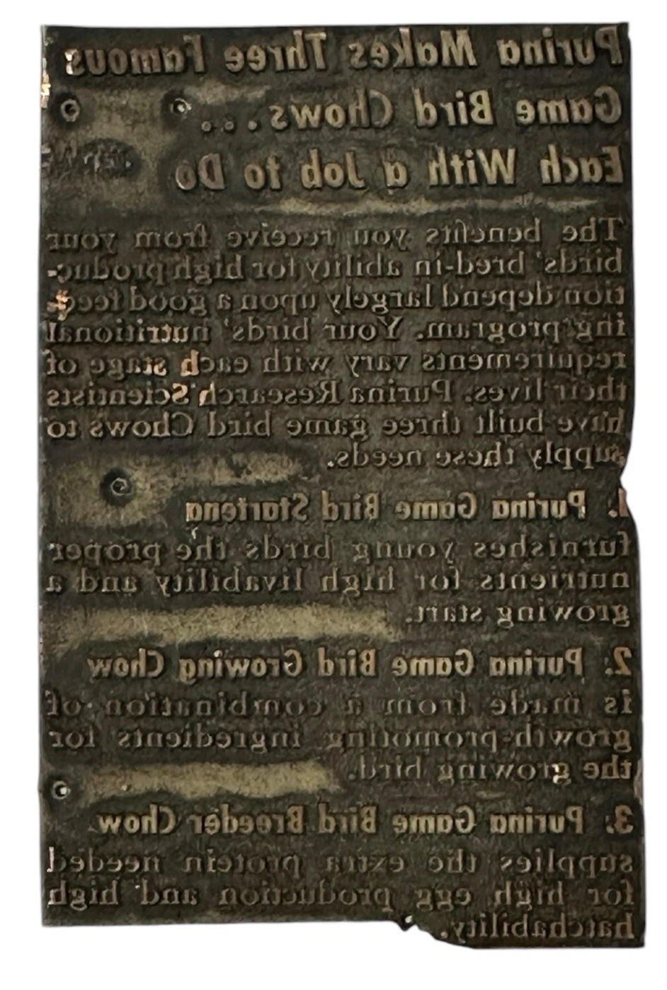 Adverting Vintage Printing Plate Purina Game Bird Letterpress Early 1900s