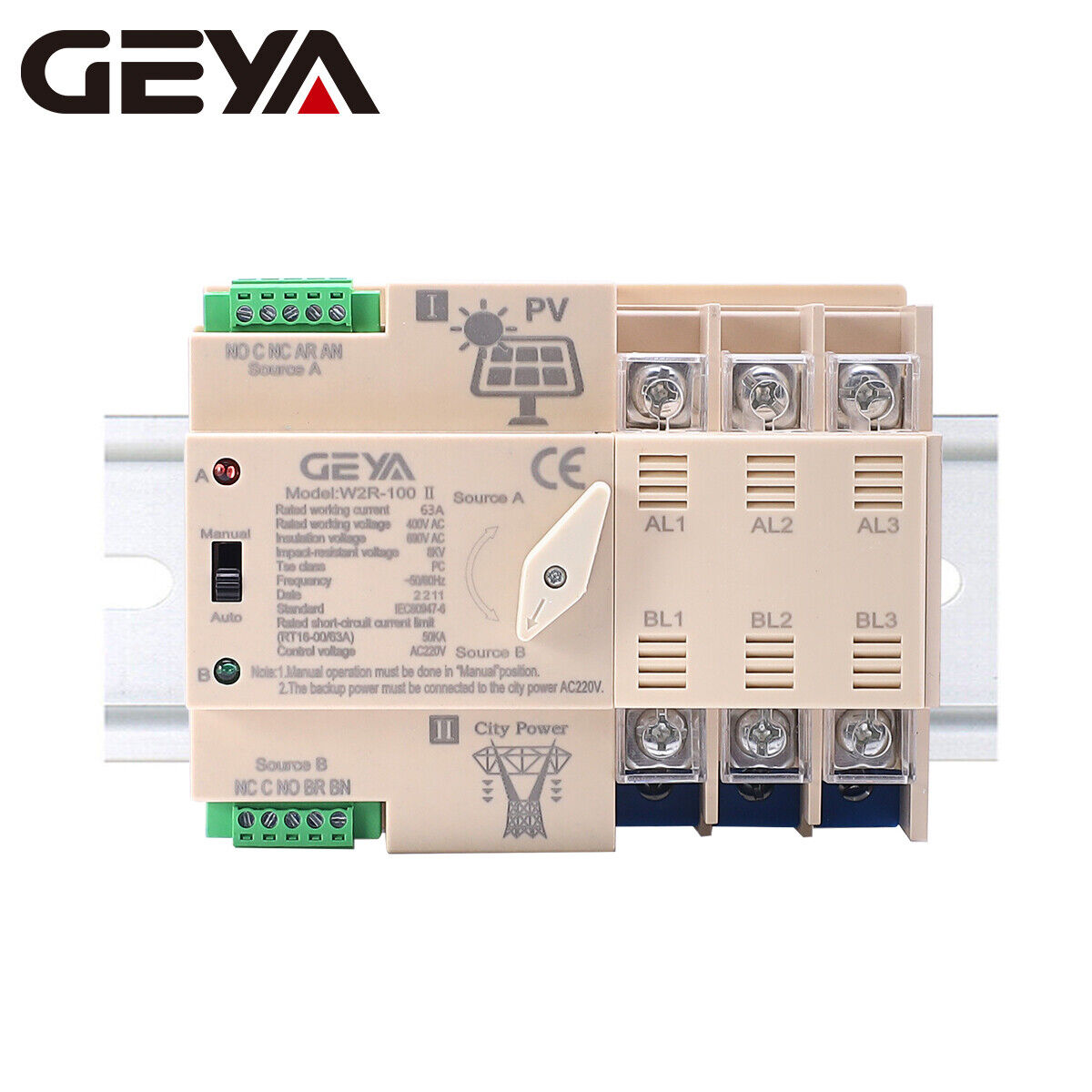 PV Solar Automatic Transfer Switch 3P 63A 230V Solar To Grid Dual Power 50/60Hz