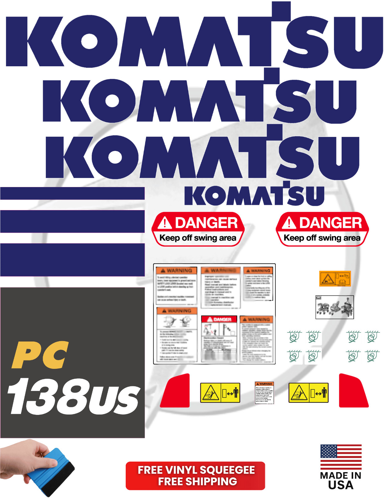 Fits Komatsu PC138US Decal Kit Excavator Stickers - - 3M Vinyl Fits Komatsu PC138US Decal Kit Excavator Stickers - - 3M Vinyl