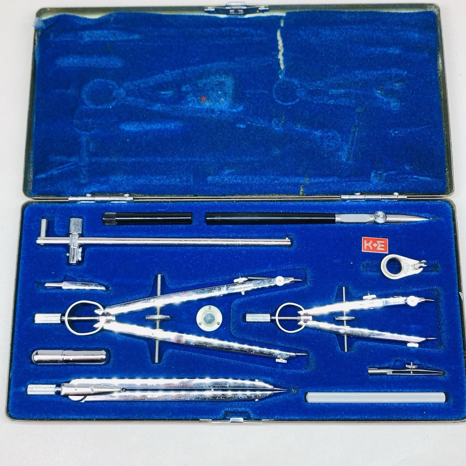 Vintage K&E Keuffel & Esser Drafting Compass Set Blue Velvet Case Germany Kit