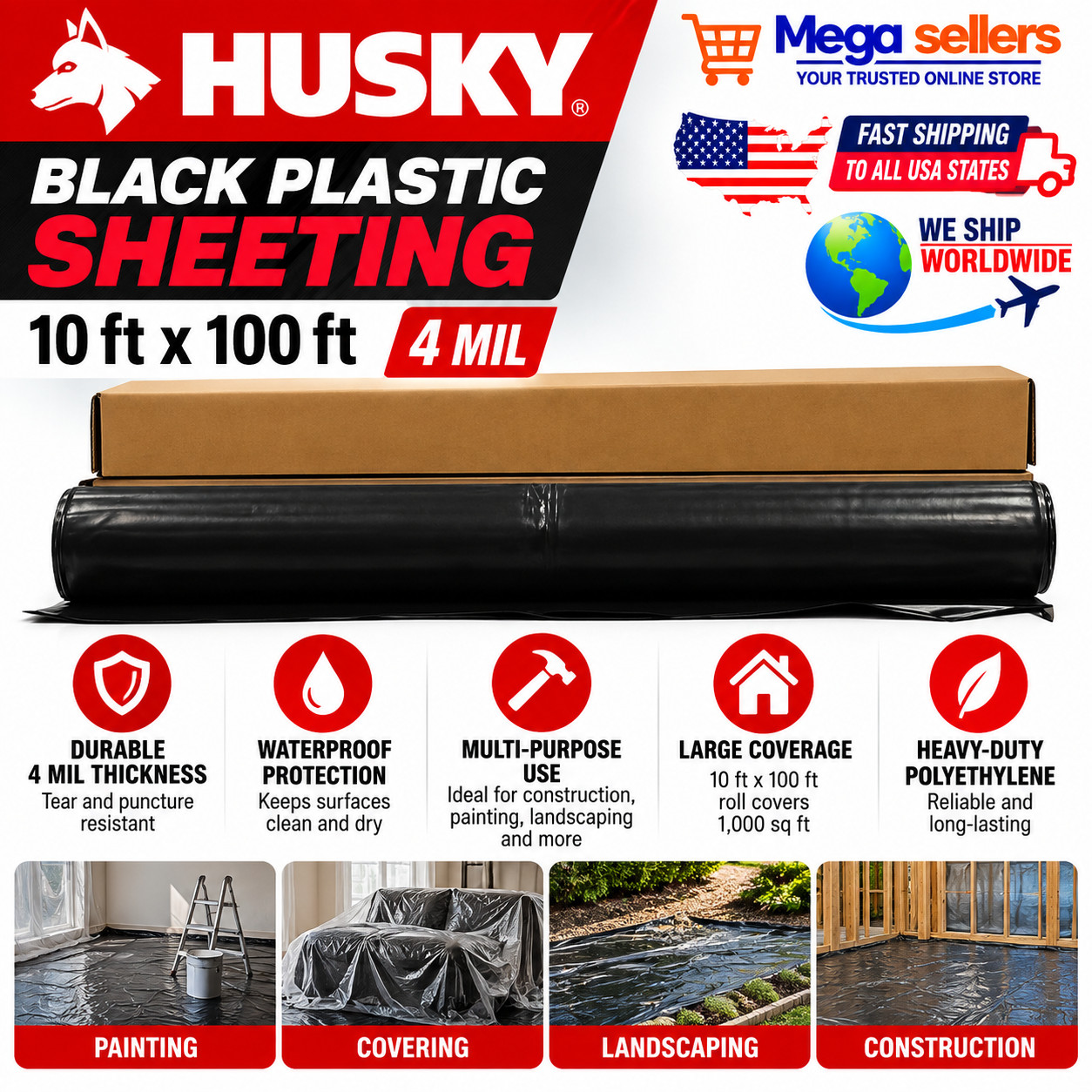  Husky 10 ft x 100 ft Black 4 Mil Plastic Sheeting 1000 Sq Ft CF0410B