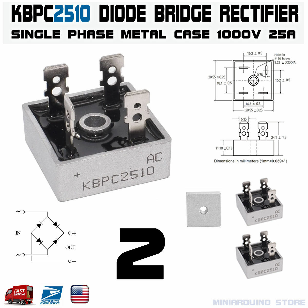 2pcs KBPC2510 Diode Bridge Rectifier Single Phase Metal Case 1000V 25A KBPC-2510