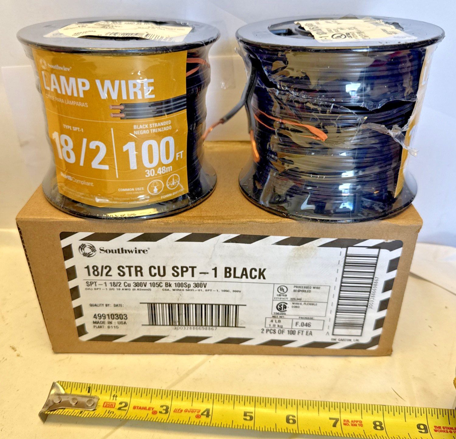 200 ft Southwire 18/2 STR CU SPT-1 Black 2 spools 100ft each Wire Lamp cord lot 200 ft Southwire 18/2 STR CU SPT-1 Black 2 spools 100ft each Wire Lamp cord lot