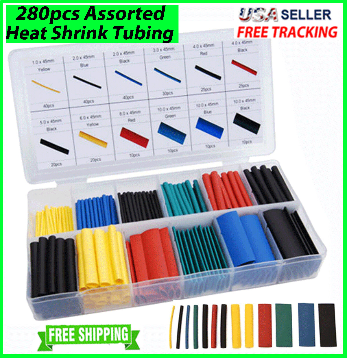 280pcs HEAT SHRINK TUBING Sleeve Cable Wire Wrap Tube 2:1 Assortment Kit Box Set