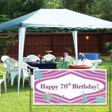 Happy 70th Birthday Purple Lines and Teal Icons 4'x8' Vinyl Banner picture
