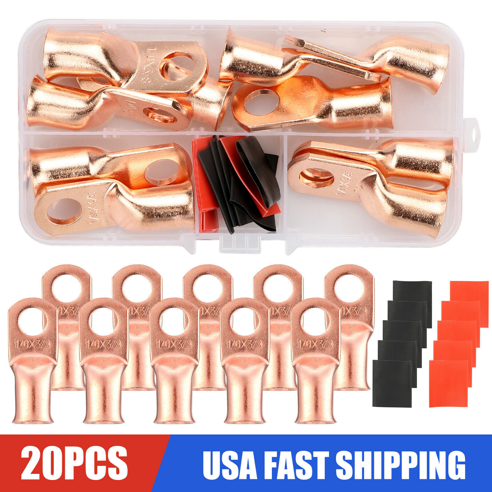 20pcs 1/0 AWG Gauge Copper Lugs w/ BLACK & RED Heat Shrink Ring Terminals Wire