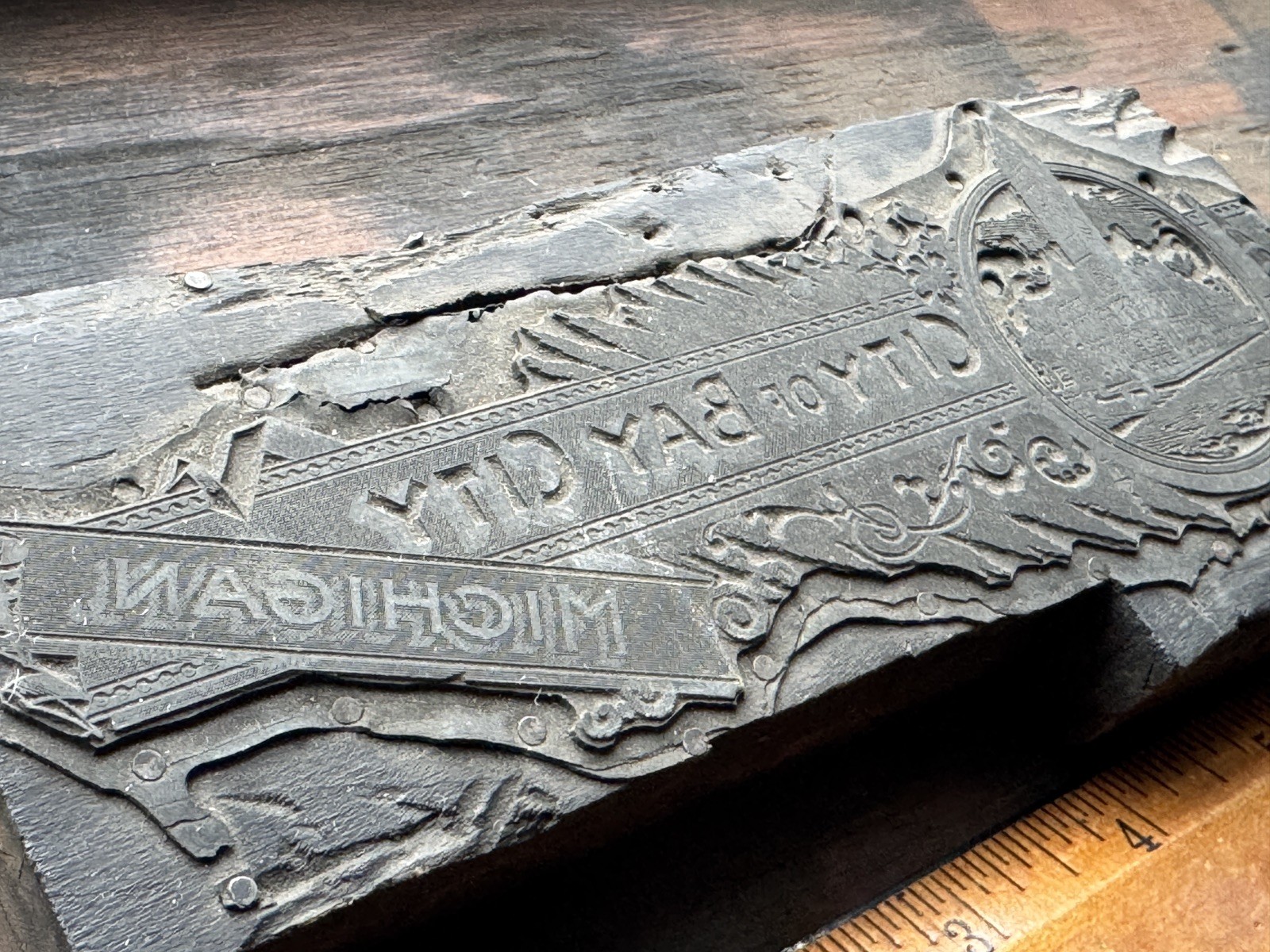 Long Antique PRINTING BLOCK - City of Bay City Michigan travel advertisement 