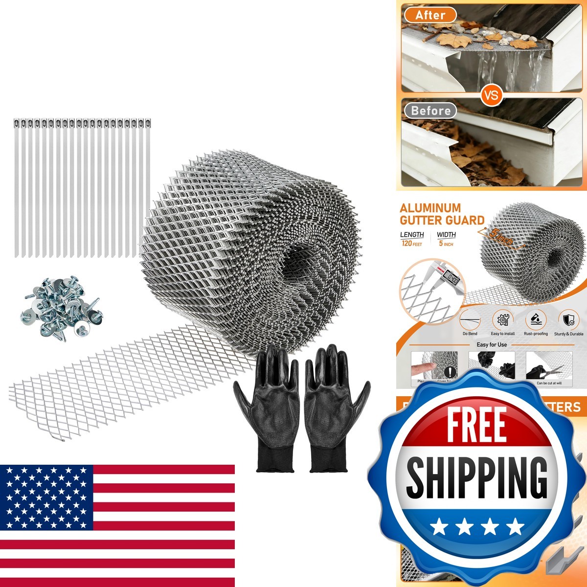Krimocy Gutter Guard 5 Inch X 120 Feet Mesh Roll, Aluminum Leaf Filter Gutter Krimocy Gutter Guard 5 Inch X 120 Feet Mesh Roll, Aluminum Leaf Filter Gutter