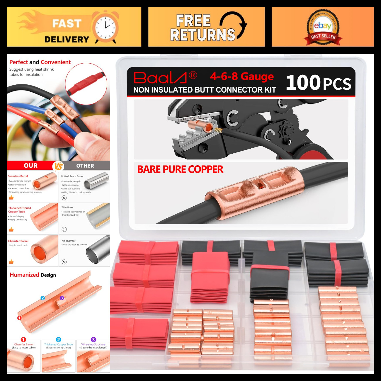 100 PCS Non-Insulated Butt Connectors Kit 4/6/8 AWG with Heat Shrink Tubing 100 PCS Non-Insulated Butt Connectors Kit 4/6/8 AWG with Heat Shrink Tubing