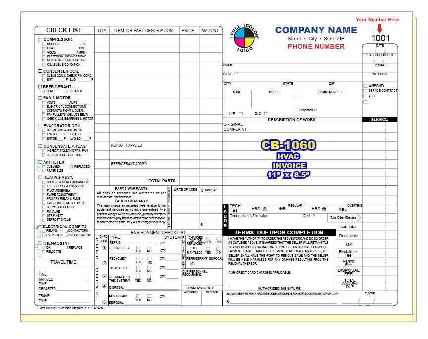 HVAC INVOICE Custom Printed 2, 3 or 4 Part Carbonless CB-1060 HVAC INVOICE Custom Printed 2, 3 or 4 Part Carbonless CB-1060
