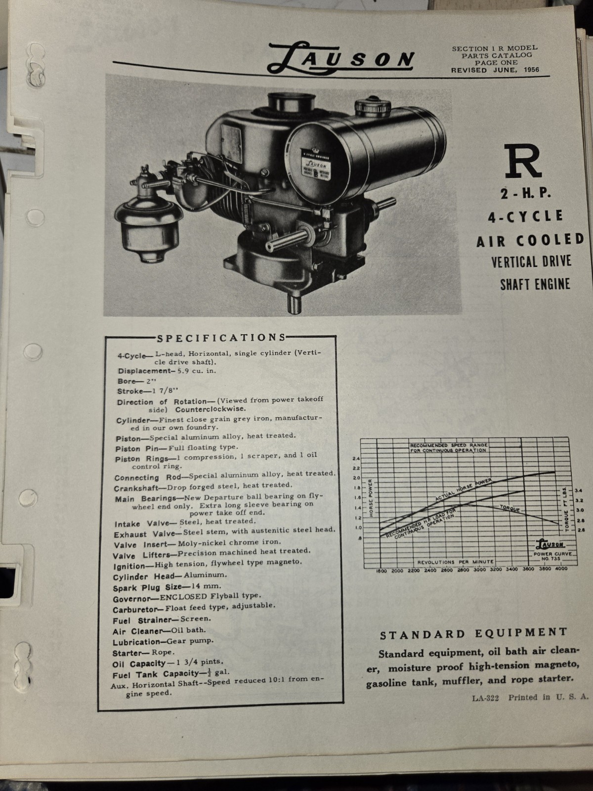 Lauson MODEL R AIR COOLED 2 HP ENGINE SPECS PARTS CATALOG 1956 Lauson MODEL R AIR COOLED 2 HP ENGINE SPECS PARTS CATALOG 1956
