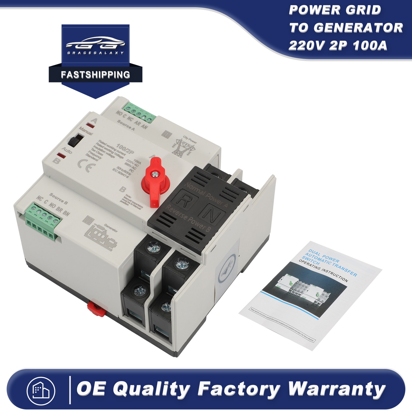 220V Dual Power Automatic Transfer Switch Grid to Alternator 2P 100A 50/60Hz US