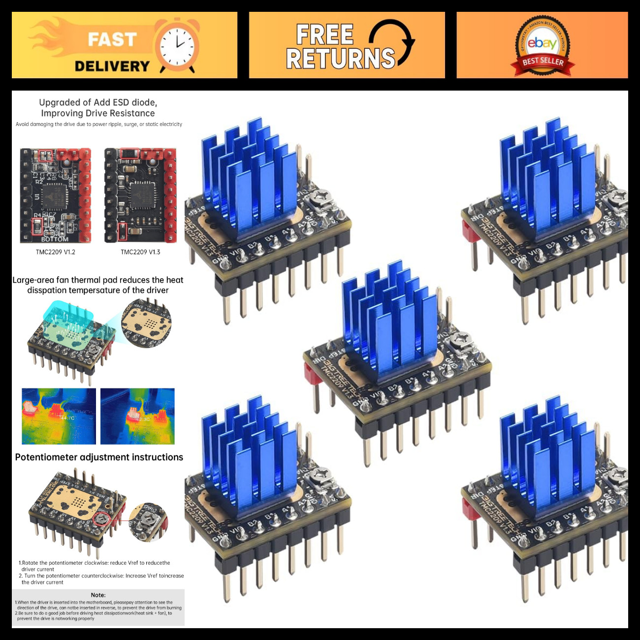 TMC2209 V1.3 Stepper Motor Driver - UART/Step/DIR Mode, High Precision Control