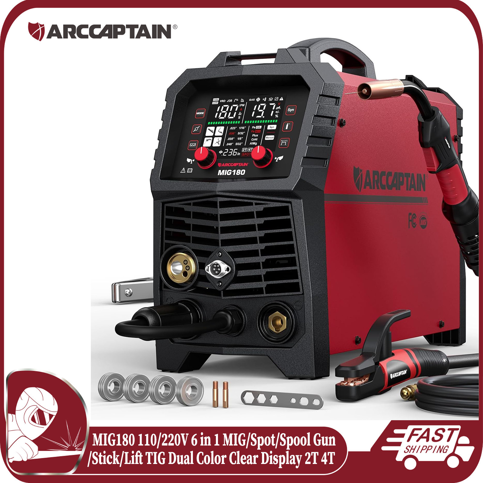 ARCCAPTAIN 180A MIG Welder 6 in 1 MIG/MMA/Spot/Spool Gun/TIG 110V 220V Synergy🔥