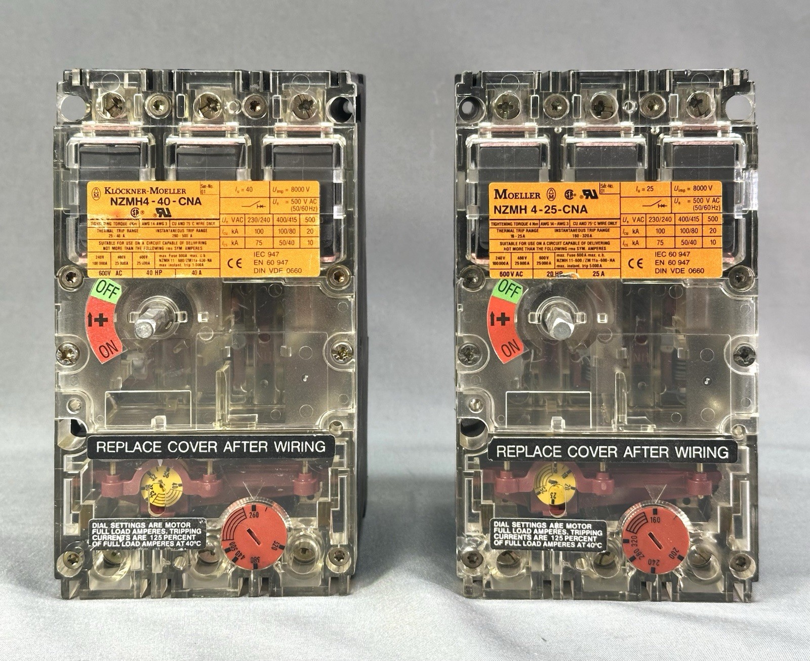 Lot Of 2 KLOCKNER MOELLER Breakers NZMH4-25-CNA & NZMH4-40-CNA Good Condition Lot Of 2 KLOCKNER MOELLER Breakers NZMH4-25-CNA & NZMH4-40-CNA Good Condition
