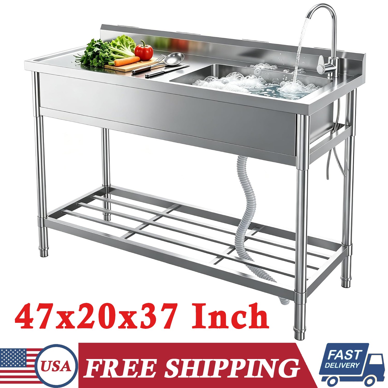 Stainless Steel Utility Sink 47x20x37 Inch Single Bowl Freestanding Kitchen Sink Stainless Steel Utility Sink 47x20x37 Inch Single Bowl Freestanding Kitchen Sink