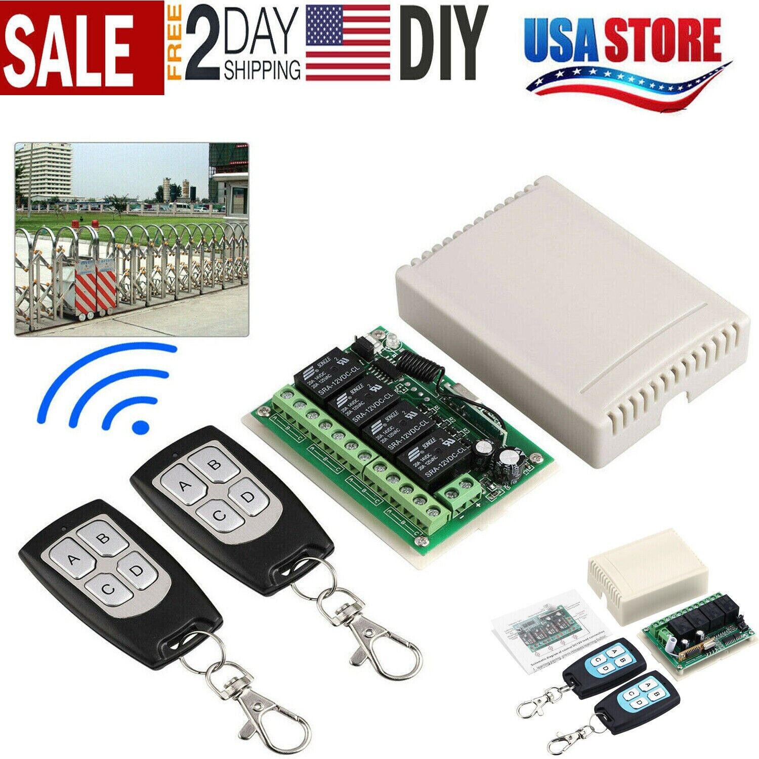 12V 4CH Channel Relay RF Wireless Remote Control Switch Receiver + 2 Transmitter