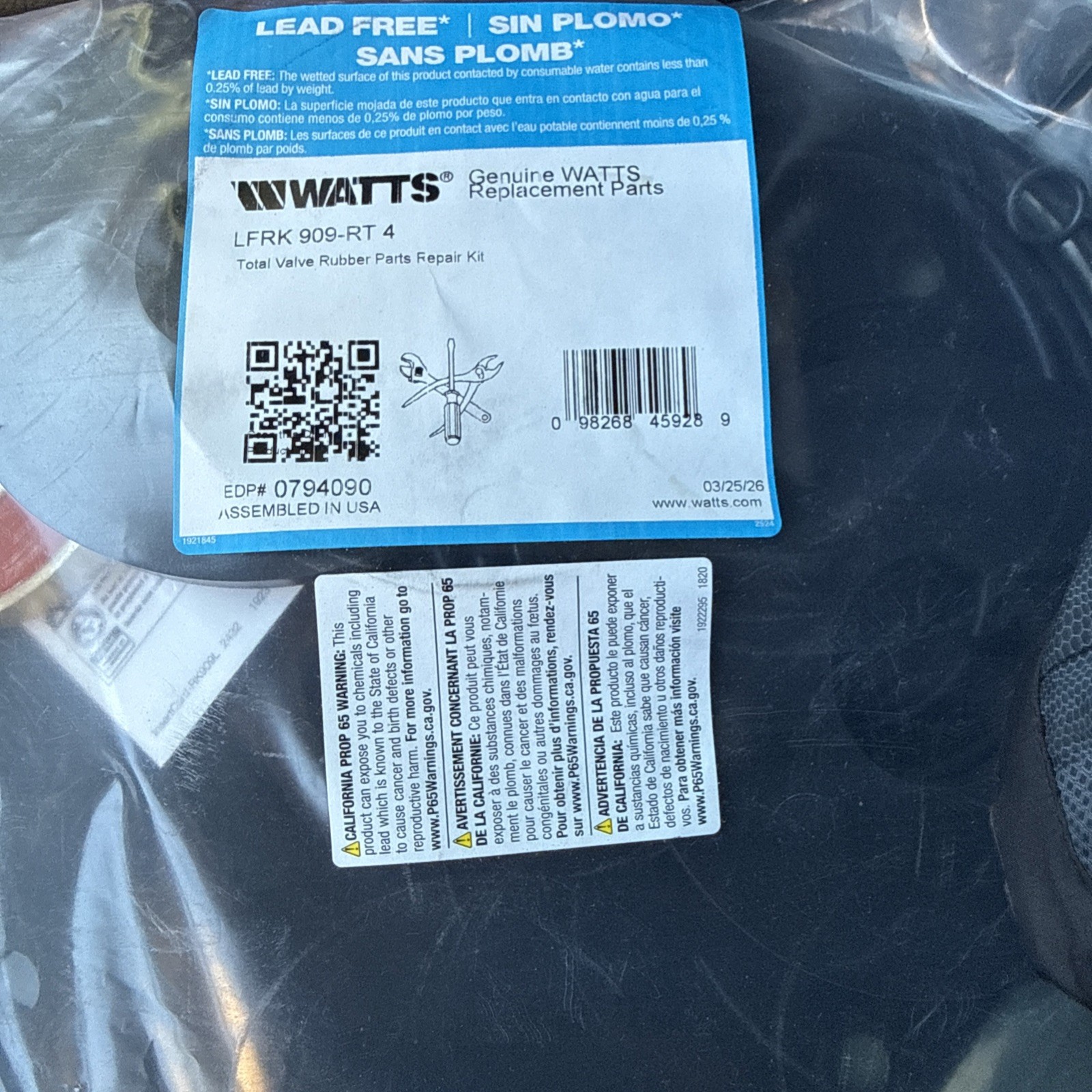 watts LFRK 909-RT4 total valve rubber parts repair Kit EDP 0794090 watts LFRK 909-RT4 total valve rubber parts repair Kit EDP 0794090