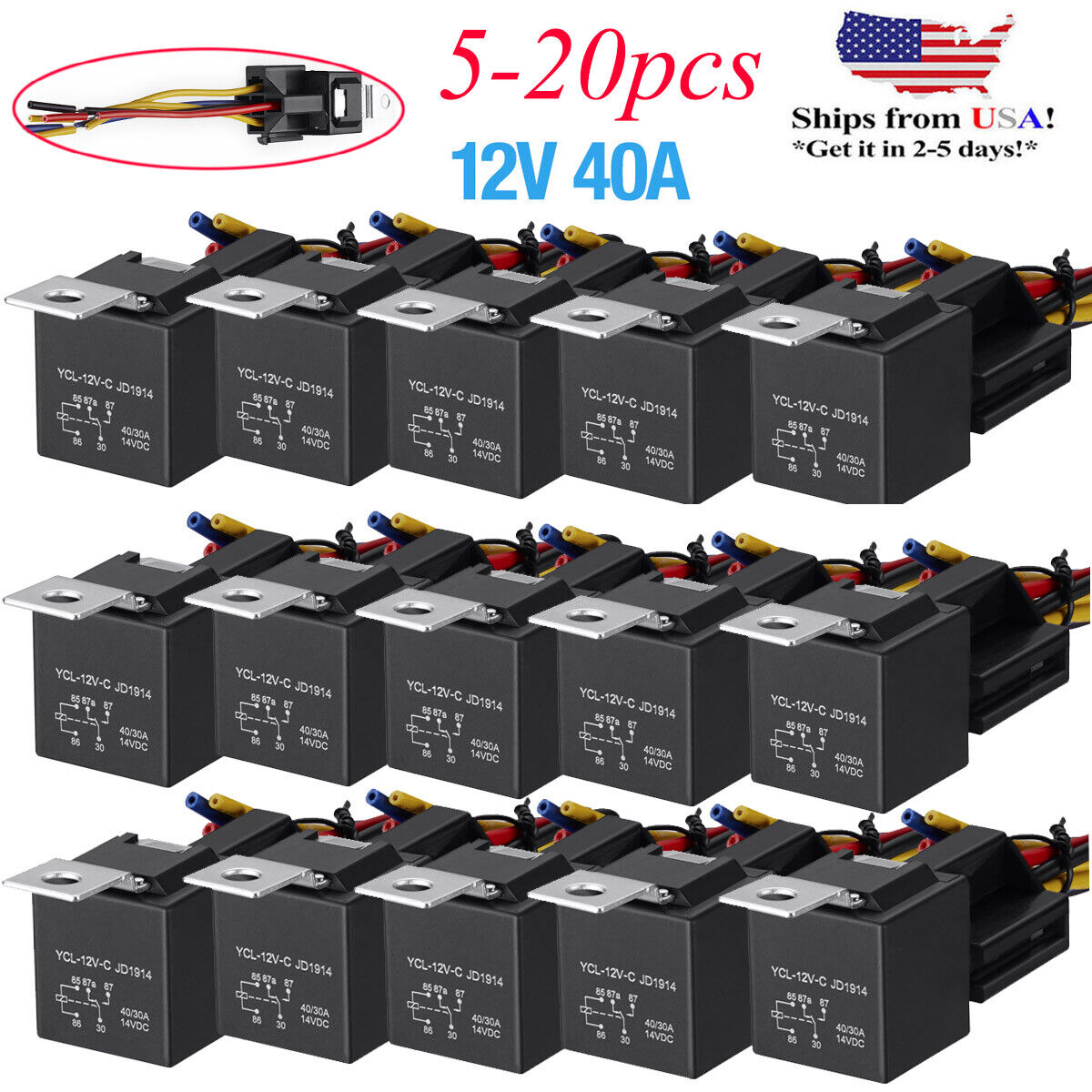 Lots 12V 30/40 Amp 5-Pin SPDT Automotive Relay with Wires & Harness Socket Set U